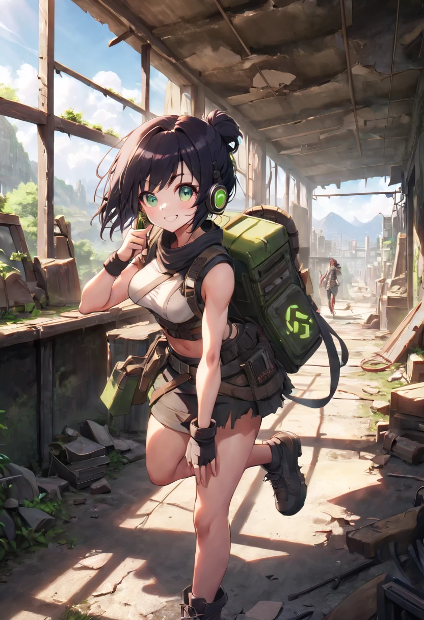 A woman wearing post apocalypitc clothes, short black hair, bright green eyes, and a headphone. She has medium-sized breasts and a toned, strong body. She is in a ruined Shop, one hand in his backback. She is smiling, and it's a sunny and beautiful day.





