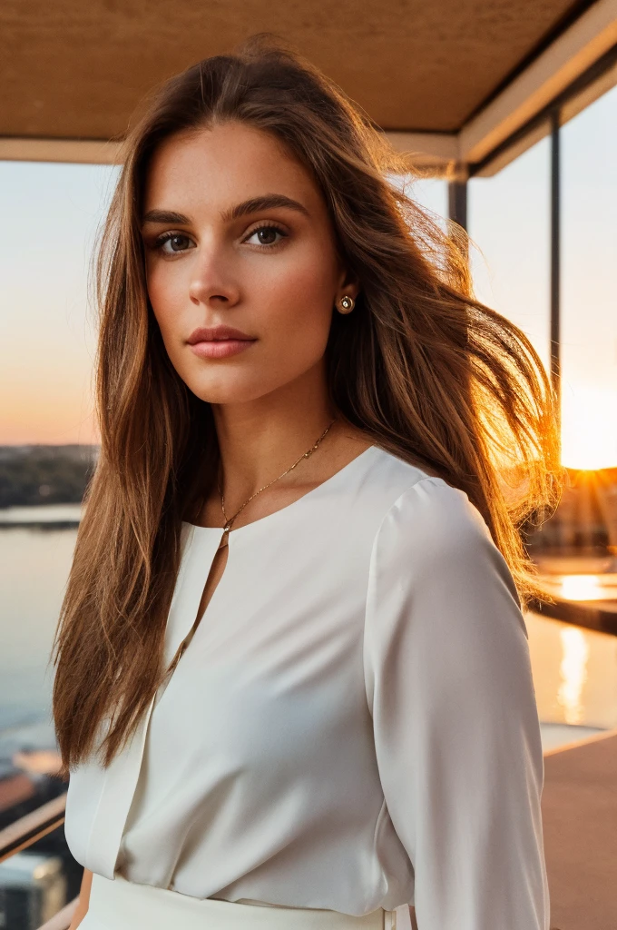 (a woman who weighs 65 kg and is 1.62 m tall). (light brown hair, long and straight, thrown to the side). looking directly at the camera. She is 25 years old. ((She wears an elegant white blouse and sophisticated brown pants)). well-groomed and realistic hands. She's in a stylish, modern coffee shop with a view of the sunset. Extremely realistic photo, 8k quality.