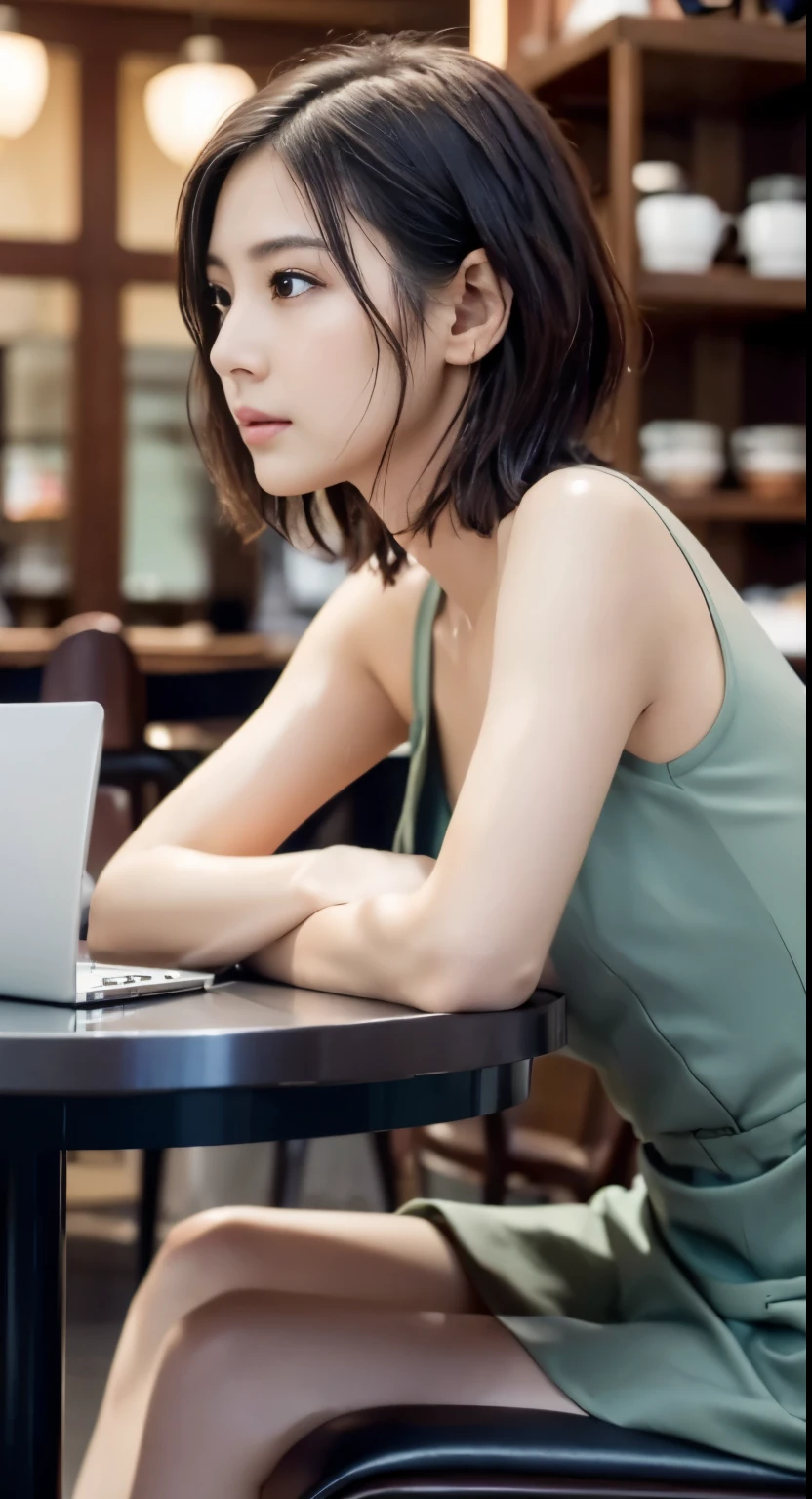 Photorealistic beautiful female student、18-year-old、amazingly beautiful、extremely fine transparency、beautiful body、(highest quality、8K、32K、masterpiece、nffsw:1.3)、ultra high resolution,(Photoreal:1.4),RAW photo, detailed face,,beautiful hair, ((Doctor Style)), ,very short hair 、very short hair、amazingly beautiful二重まぶた、beautiful nipples、 natural makeup,, small perfect breasts, wet hair、detailed background, perfect lighting, Depth of written boundary, beautiful shadow gradation、thin limbs、thin thighs、(whole body)、((suit))、((stylish cafe、Inside the store、cafe table and stylish chairs、coffee、Control your laptop))、Beautiful and slim perfect body、beautiful high nose、side view