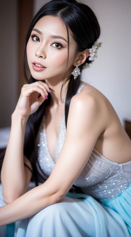 Nikon Z 85mm, ((highest quality)) ((masterpiece)), intricate details, sharp focus, professional, photorealistic, surrealistic, photorealism, fine detail, top quality, highly detailed CG Unity 32k wallpaper, perfect artwork, shiny hair, glowing eyes, shiny skin, realistic, perfect female figure, constricted waist, Very delicate and beautiful, best quality, beautiful detailed girl, staring at the viewer, smile: 1.4, beautiful fine eyes, face lights, see-through, long white wedding dress, wedding band, realistic expression of face, intricate details, makeup, perfect proportions (detailed beautiful delicate face, detailed beautiful delicate eyes, face) perfect proportions, detailed skin, detailed skin, standing figure, Highest ratio 4 fingers and 1 thumb, chapel: 1.4, small and firm breast