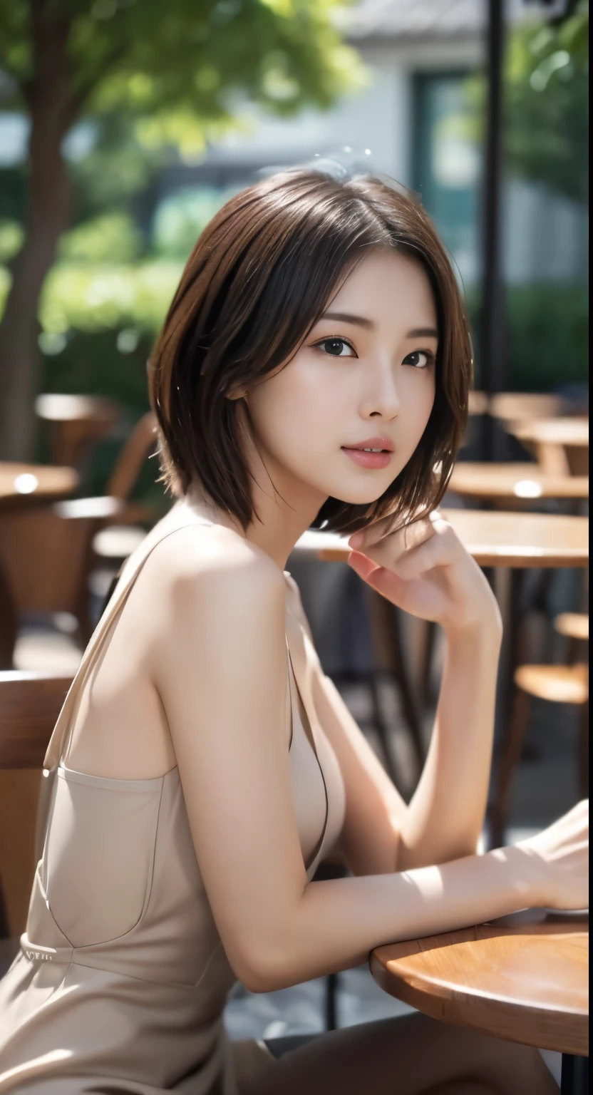 Photorealistic beautiful female student、18-year-old、amazingly beautiful、extremely fine transparency、beautiful body、(highest quality、8K、32K、masterpiece、nffsw:1.3)、ultra high resolution,(Photoreal:1.4),RAW photo, detailed face,,beautiful hair, ((Doctor Style)), ,very short hair 、very short hair、amazingly beautiful二重まぶた、beautiful nipples、 natural makeup,, small perfect breasts, wet hair、detailed background, perfect lighting, Depth of written boundary, beautiful shadow gradation、thin limbs、thin thighs、(whole body)、((suit))、((stylish cafe、Inside the store、cafe table and stylish chairs、coffee、Control your laptop))、Beautiful and slim perfect body、beautiful high nose、side view