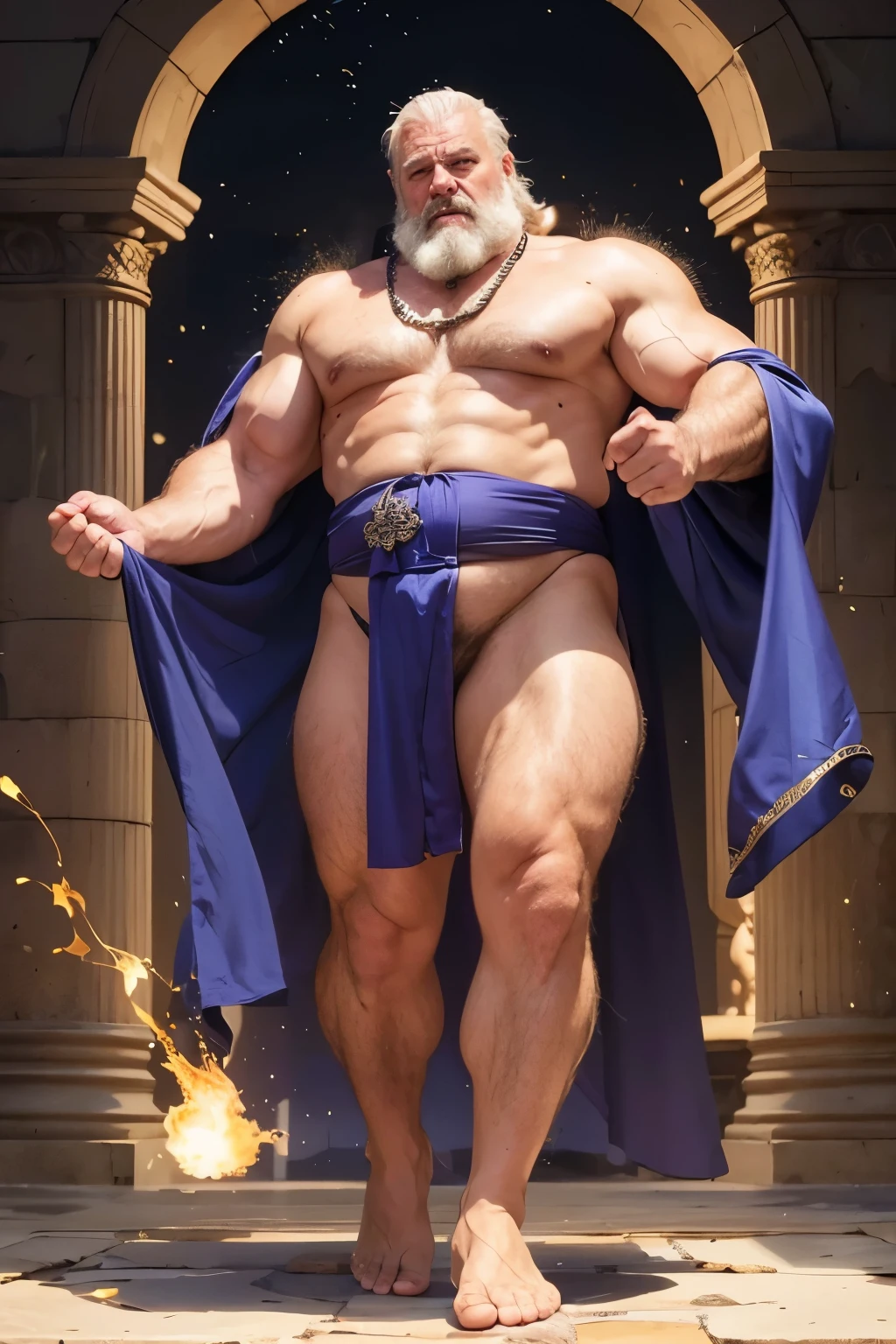 mature old man, sturdy, tough, plump, hairy, bulging, barefoot, sorcerer, jewelry, silk robe, skimpy thong, levitating, intricate details, particle effects, marble palace