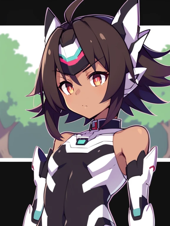 Masterpiece, best quality, highres, amazing quality, superior quality, Hyperdimension Neptunia, flat chested, (male), (8 year old boy), (shota), (Dark skin), cute, red eyes, Short dark brown hair, black headgear, black fullbodysuit, black gauntlets, black powersuit, (black Mechanical exoskeleton), ((mecha_musume)),short hair,(((white elbow gloves))),((black bodysuit)), (floating_armor), Mechanical headgear, black leggings, close up, 