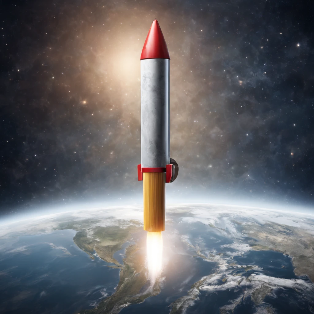 Pencil rocket, flying in space, earth in background, highest image quality.