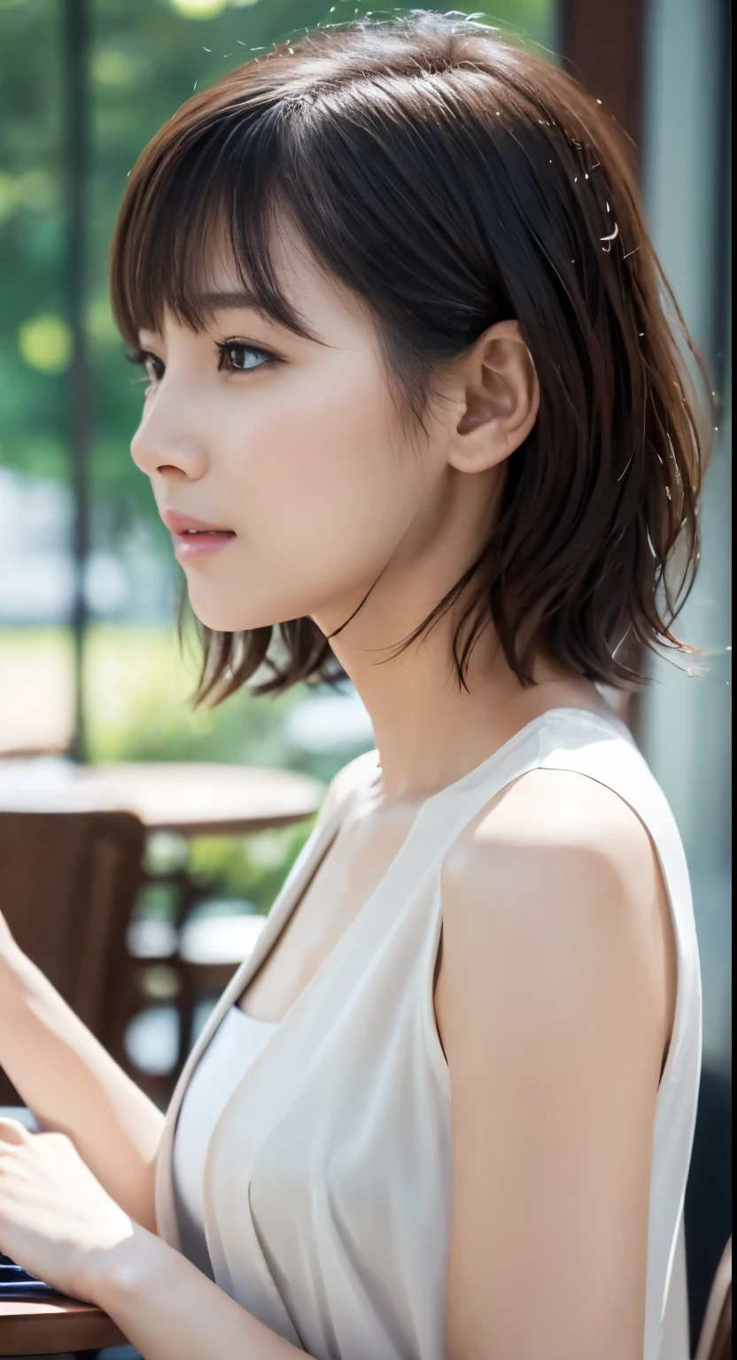 Photorealistic beautiful female student、18-year-old、amazingly beautiful、extremely fine transparency、beautiful body、(highest quality、8K、32K、masterpiece、nffsw:1.3)、ultra high resolution,(Photoreal:1.4),RAW photo, detailed face,,beautiful hair, ((Doctor Style)), ,very short hair 、very short hair、amazingly beautiful二重まぶた、beautiful nipples、 natural makeup,, small perfect breasts, wet hair、detailed background, perfect lighting, Depth of written boundary, beautiful shadow gradation、thin limbs、thin thighs、(whole body)、((suit))、((stylish cafe、Inside the store、cafe table and stylish chairs、coffee、Control your laptop))、Beautiful and slim perfect body、beautiful high nose、side view
