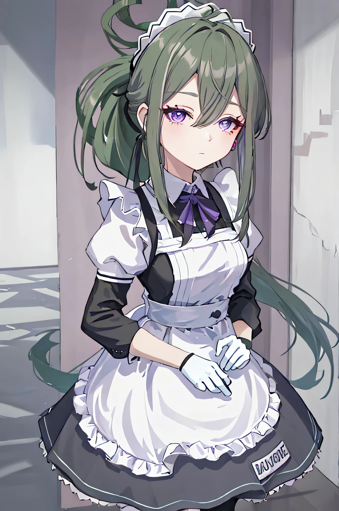 highest quality, masterpiece, High resolution, alone, {maid:1.40}, {long maid dress:1.15}, {Kuki_Shinobu_Genshin:1.15}, green_hair, purple_eye, 前hair, ponytail, hair_between_eye, hair_ornament, chest