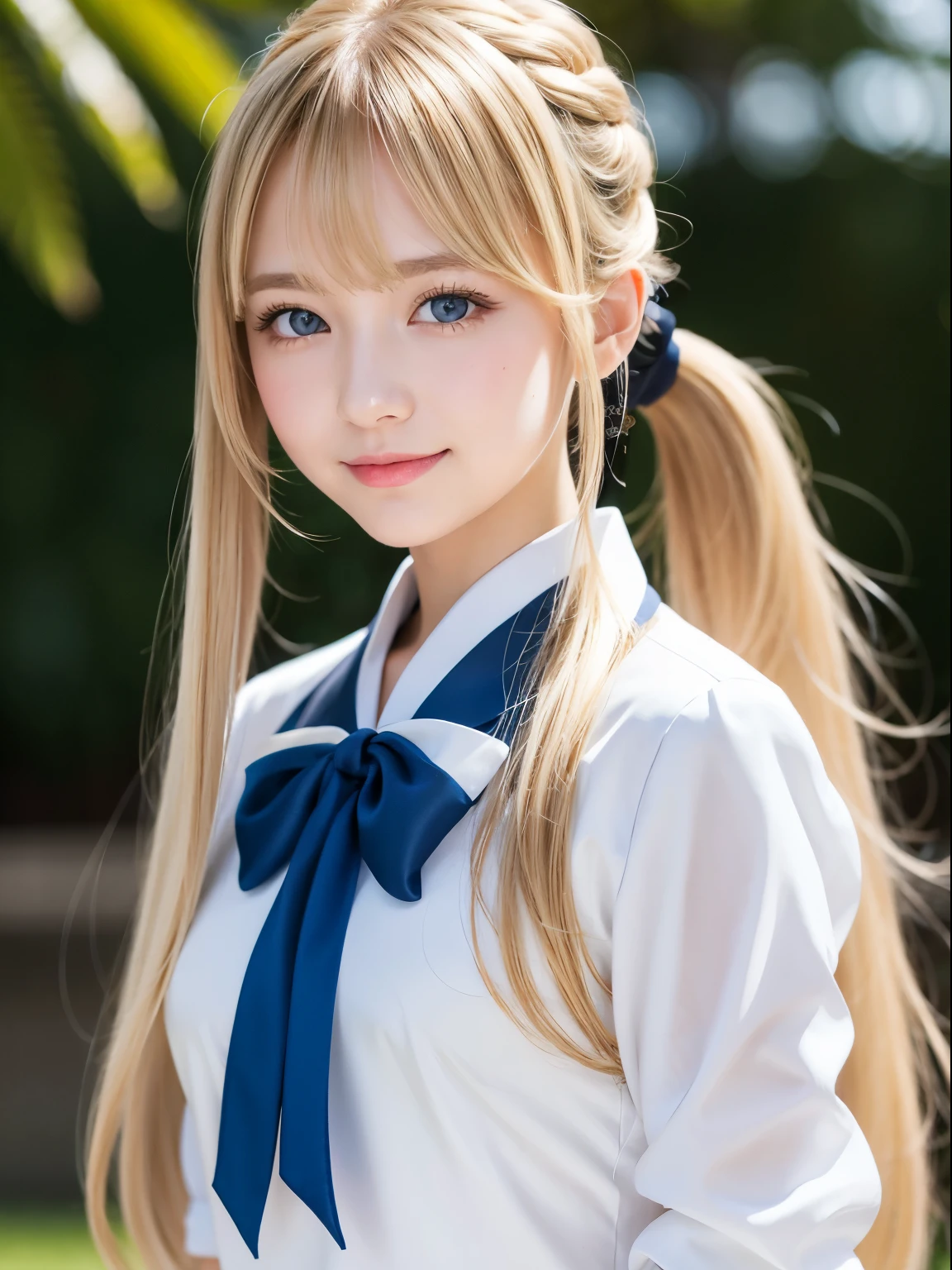 Portrait、uniform correct expression、ponytail、Young, shiny, white, glossy skin、Cheek highlight look or crystal clear blonde hair、Dazzling golden highlights、shiny bright hair,、super long silky straight hair、Shining beautiful bangs、Big pale blue eyes like sparkling jewels、very beautiful lovely cute girl、rich bust、smile、sailor suit、high school girl、