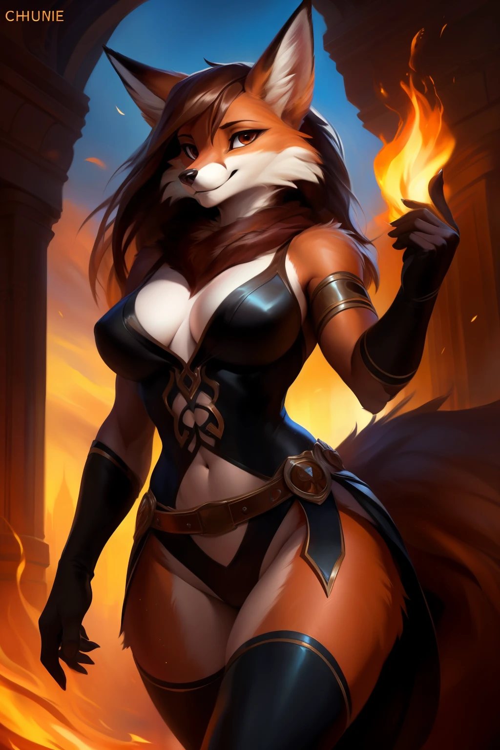 4k, high resolution, best quality, masterpiece, perfect colors, perfect shadows, beautiful and detailed portrait of a (((feminine))), perfect lighting, posted on e621, (by Chunie, by Einshelm), furry, anthro, furry art, ((portrait)), Female fox, red fox, (two-toned fur), furry body black legs from foot to knee,fluffy, fluffy tail, body fur, animal nose,chin fluff, muzzle, Mane,Big fluffy chest tuft, big fluffy neck tuft,fluffy neck, fluffy chest, Lots of fluff, Beautiful brown eyes, fit body, perfect masculine body, detailed fur, detailed face, ((Bonifasko lighting)), fox tail, (detailed eyes), perfect pupils, Tall,Long brown hair, messy long hair, Wide hips, big legs, B cup breasts, Fluffy neck, Huge Fox tail, Arms white, abs, muscular belly, vicible abs, A distinctive flame emblem adorns the chest, while the cowl, gloves, and boots incorporate flame-inspired designs, creating a visually striking and cohesive superhero ensemble, Shirt, Chest covering piece of suit,suit is a sleek blend of flame-resistant material in deep crimson and vibrant orange hues.