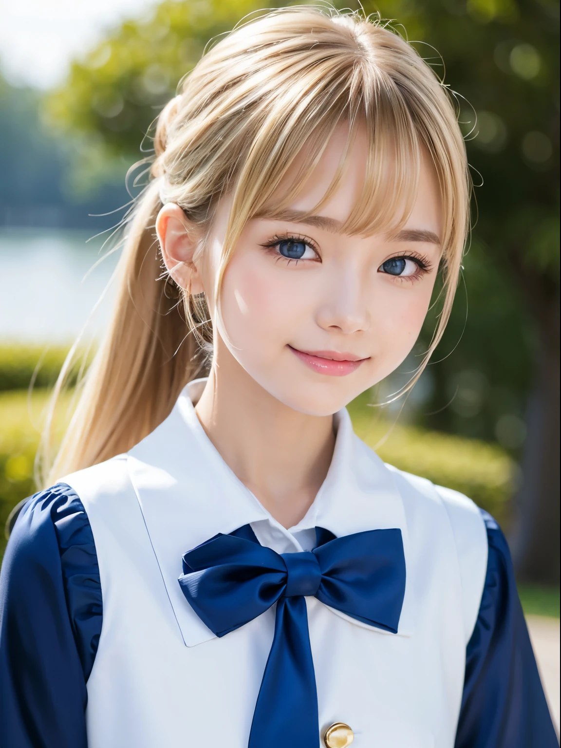 Portrait、uniform correct expression、ponytail、Young, shiny, white, glossy skin、Cheek highlight look or crystal clear blonde hair、Dazzling golden highlights、shiny bright hair,、super long silky straight hair、Shining beautiful bangs、Big pale blue eyes like sparkling jewels、very beautiful lovely cute 16 year old girl、rich bust、smile、sailor suit、high school girl、
