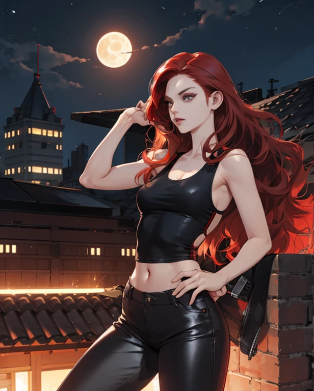 Cool，20th generation women，long wavy red hair，Leather Tight Pants，internal，Navel exposed，Tank top，It was glaring，With keen eyes，realistic illustration，building rooftop，night scene，moon