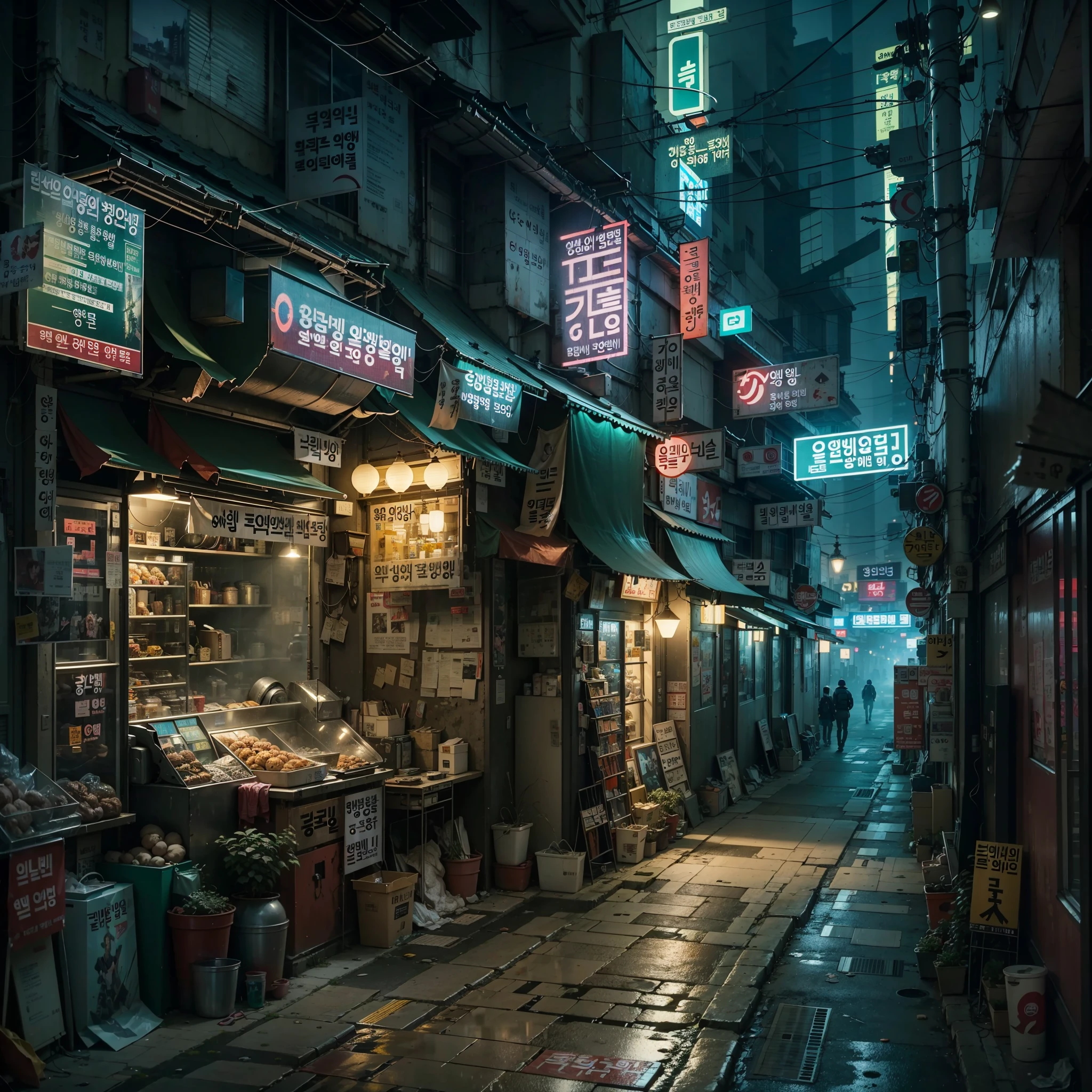 lonely narrow ally in Seoul, cyberpunk city from sci-fi movie, empty street, night, Korean, Korean signs, old shops, cozy, circuit boards, wires, intricate, hyper-detailed, realistic, ultra-realistic, high quality, best, ultra detail, crazy detail, extremely detailed, photo realism, 8k