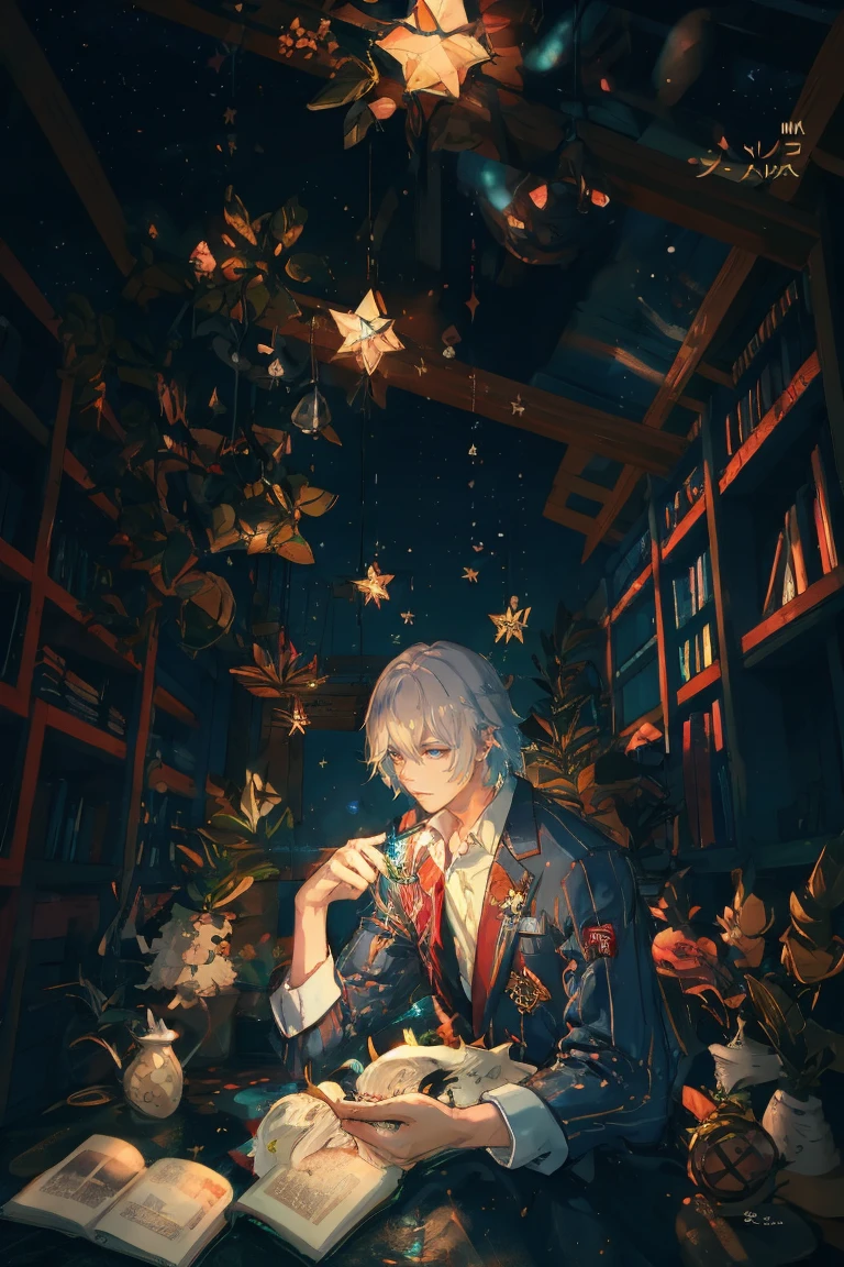 (Masterpiece:1.2, high quality), (pixiv:1.4), 1 man with short white hair. tall handsome man, Volumetric Lighting,backlight, night,