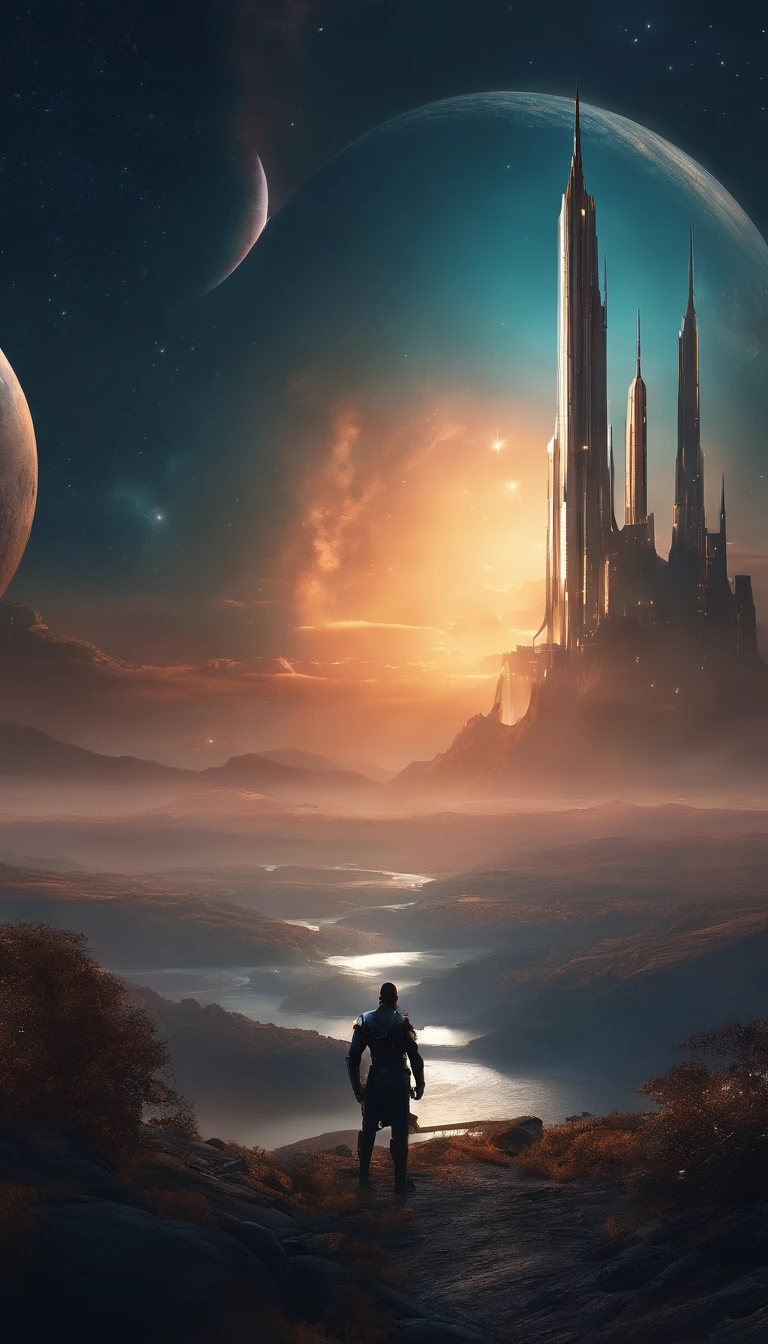 shooting stars、Planet with starry sky and distant fantasy city and tower, epic fantasy sci fi illustration, Fantasy Planet, arstation and beeple highly, Fantasy space, Fantasy Sci-Fi, epic scifi fantasy art, epic dreamlike fantasy landscape, ethereal starlit city at sunset, impressive fantasy landscape, sci-fi fantasy wallpaper, Magnificent beautiful space sci-fi, Fantasy Sci-Fi - Fantasy