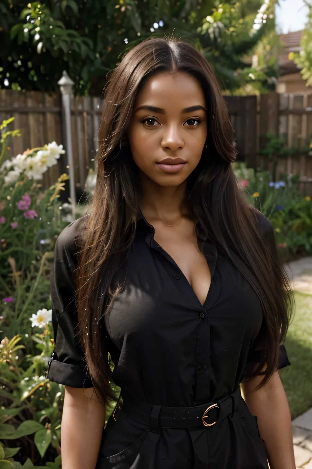 A 23-year-old brunette black african woman, ((pechos grandes)), ((hiperrealismo)) ,. brunette hair with light brown roots, really long hair, Beautiful, Front view, selfie, photo taken with iPhone, elegant black shirt with escote, escotada, selfie in the garden, high quality, selfie iPhone, cleavage