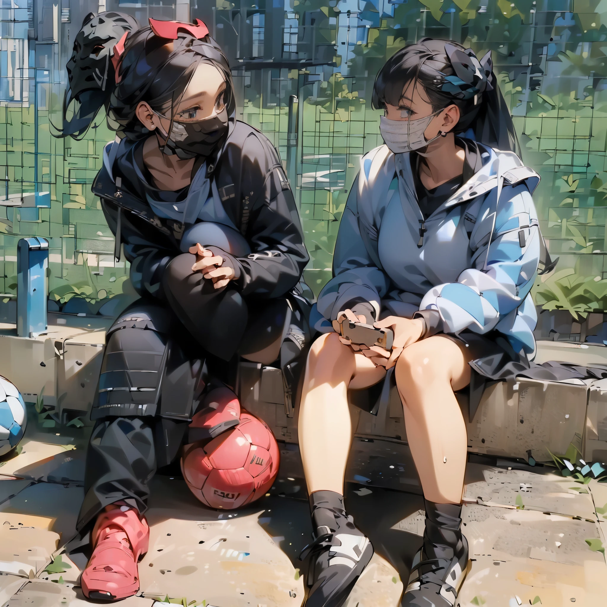 ((masterpiece)), ((best quality)), top-quality, Ultra detailed, ((extremely detailed:2.0)), super detail, ultra highres, high resolution, Beautiful detail eyes, 4k, 8k, two girl, sporty, (((no mask:1.5))), talking, smiling, soccer players, beautiful anime, detailed face, (cute girls)