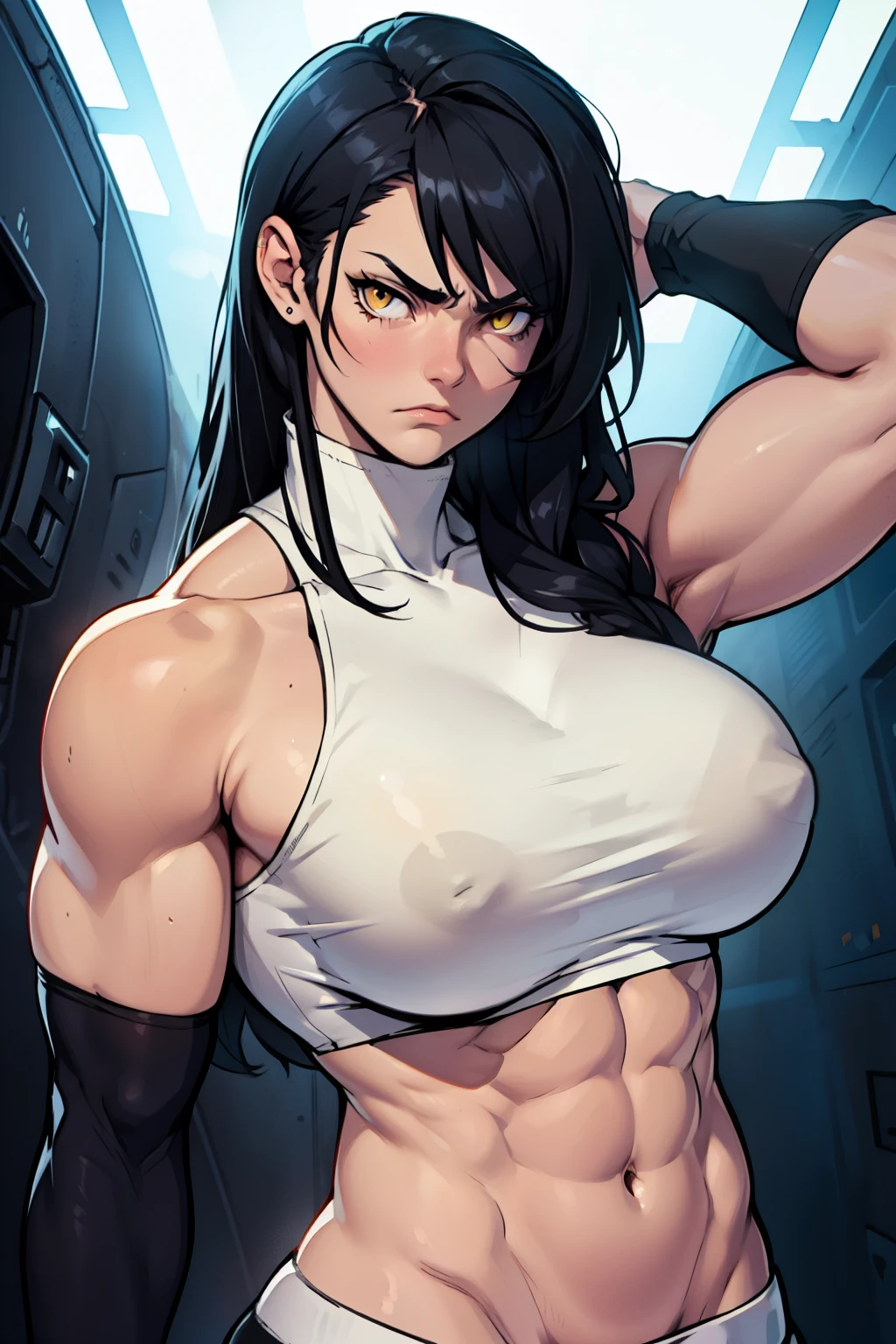 perfect anatomy muscular girl toned body huge breasts black hair yellow eyes solo pale frown sad