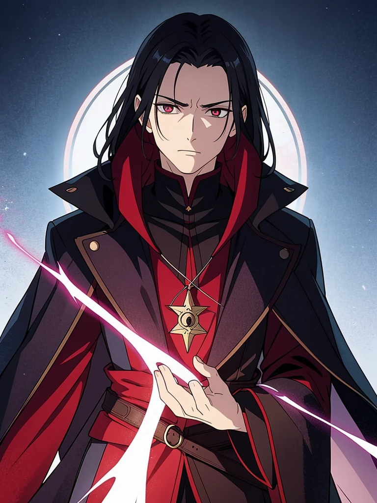Valen is a charismatic and enigmatic figure with a commanding presence. He has raven-black hair that falls in disheveled waves over his forehead, partially obscuring his intense, crimson eyes. Valen's attire is dark and regal, adorned with arcane symbols that hint at his connection to forbidden magic.

His features are sharp, with a chiseled jawline and a slightly pale complexion. There's an air of mystery around him, accentuated by a cloak that seems to absorb the light, creating an unsettling silhouette.