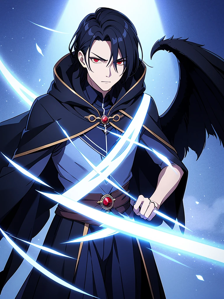 Valen is a charismatic and enigmatic figure with a commanding presence. He has raven-black hair that falls in disheveled waves over his forehead, partially obscuring his intense, crimson eyes. Valen's attire is dark and regal, adorned with arcane symbols that hint at his connection to forbidden magic.

His features are sharp, with a chiseled jawline and a slightly pale complexion. There's an air of mystery around him, accentuated by a cloak that seems to absorb the light, creating an unsettling silhouette.