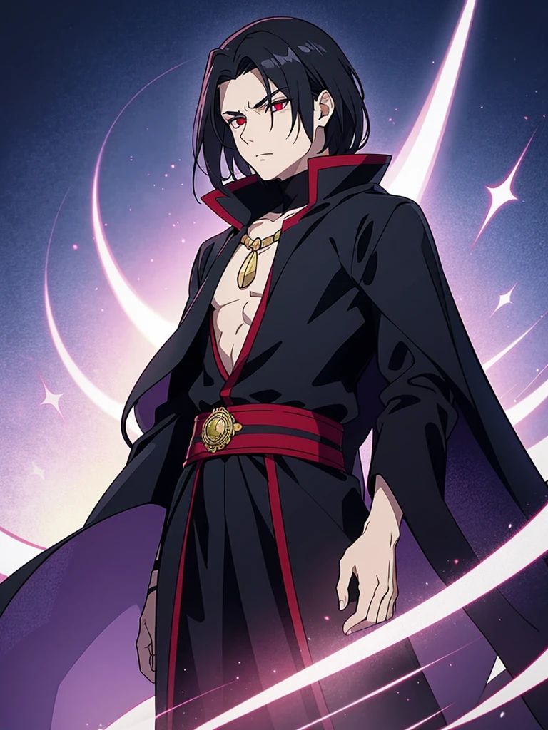 Valen is a charismatic and enigmatic figure with a commanding presence. He has raven-black hair that falls in disheveled waves over his forehead, partially obscuring his intense, crimson eyes. Valen's attire is dark and regal, adorned with arcane symbols that hint at his connection to forbidden magic.
His features are sharp, with a chiseled jawline and a slightly pale complexion. There's an air of mystery around him, accentuated by a cloak that seems to absorb the light, creating an unsettling silhouette.