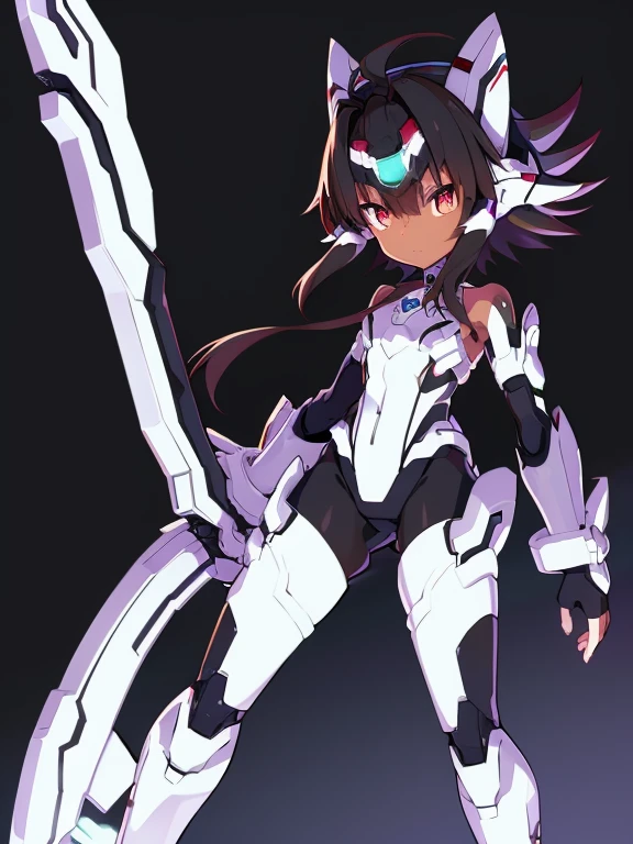 Masterpiece, best quality, highres, amazing quality, superior quality, Hyperdimension Neptunia, flat chested, (male), (8  boy), (shota), (Dark skin), cute, red eyes, Short dark brown hair, black headgear, black fullbodysuit, black gauntlets, black powersuit, (black Mechanical exoskeleton), ((mecha_musume)),short hair,(((white elbow gloves))),((black bodysuit)), (black floating_armor), Mechanical headgear with purple gem, black leggings, 