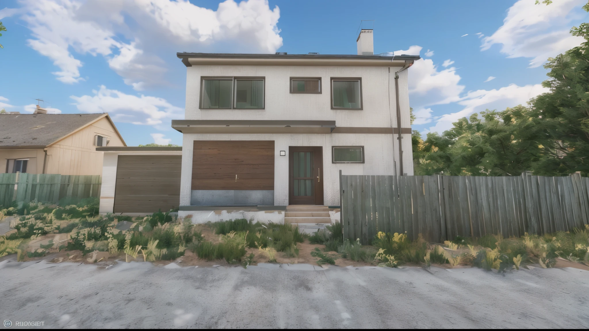 there is a small house with a fence and a green fence, realistic unreal engine 3 d game, rendered in unreal engine 3d, [ 4 k photorealism ], realistic scene, standing outside a house, rendered in lumion pro, made in unreal engine 4, photorealistic screenshot, in front of a two story house, hyper detailed scene, semi - realistic render