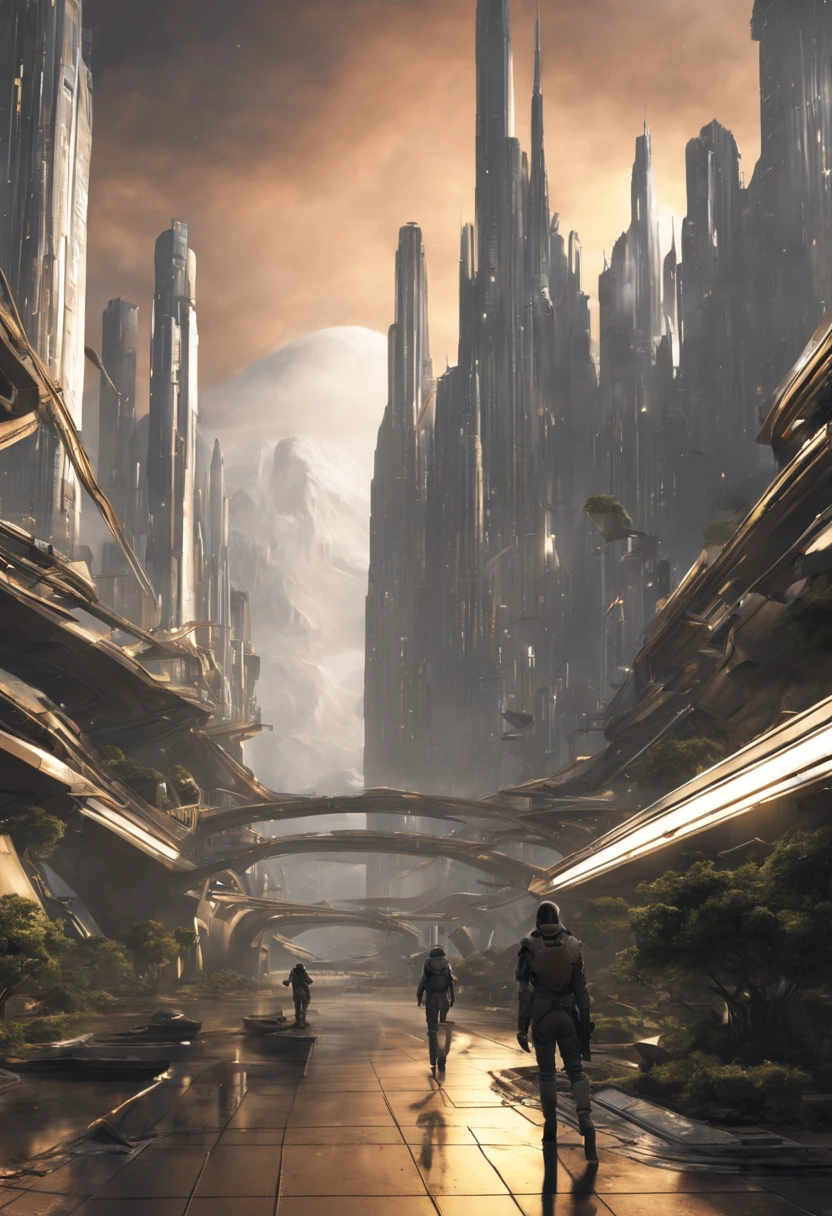 On an unknown planet there is a futuristic city with immense buildings of technological design que forman una infinita avenida, con estructuras acristaladas en plata, oro y bronce espectaculares en la que sobrevive un robot femenino espectacular. con colores vivos. pavimento ensolado. gente paseando. cierto aire a coruscant.
