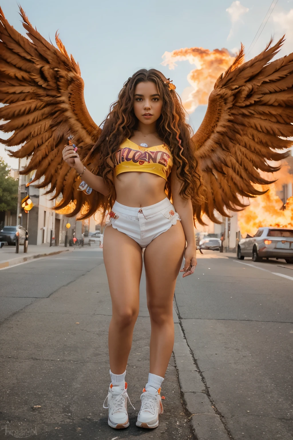 human girl is a phenix with long curly hair and snacked waiste with thick thighs and white high tops with firey wings and tons of color shooting every where
