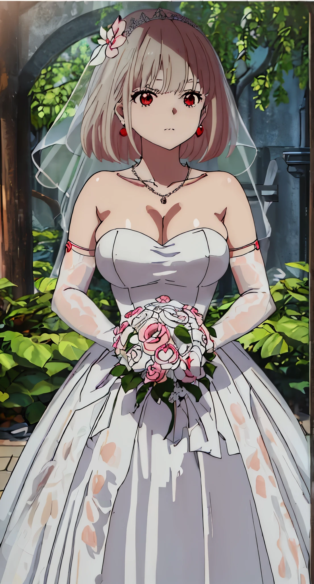 best quality, masterpiece, high resolution, alone, nishikigi_chisato, short_hair, Bangs, blonde_hair, Red_Eye, Close-up of beautiful bride wearing beautiful wedding dress,Gurwitz,(bridal veil:1.5），（Transparent short veil：1.5），Blushing face，Head flower，headgear，（tube top wedding dress：1.5），（Silk dress：1.2）,（Strapless wedding dress：1.5）,pure white dress，necklace，earrings，(large breasts:1.3)，Deep V peach heart collar wedding dress，Bangs，lipstick，（lace gloves：1.3）,whole body照,High detail RAW color art,Long white dress，whole body，Place your hands behind your back，