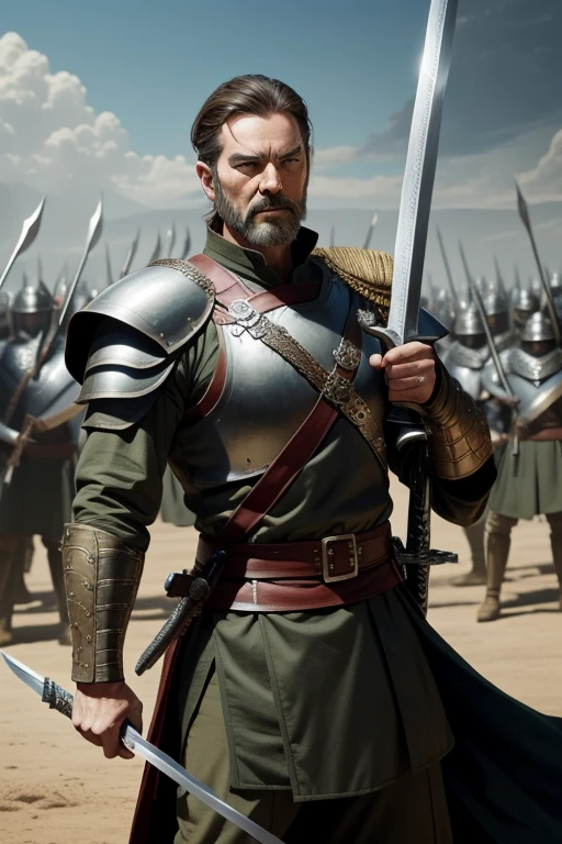 The mighty general wields a long sword，Behind him are thousands of troops