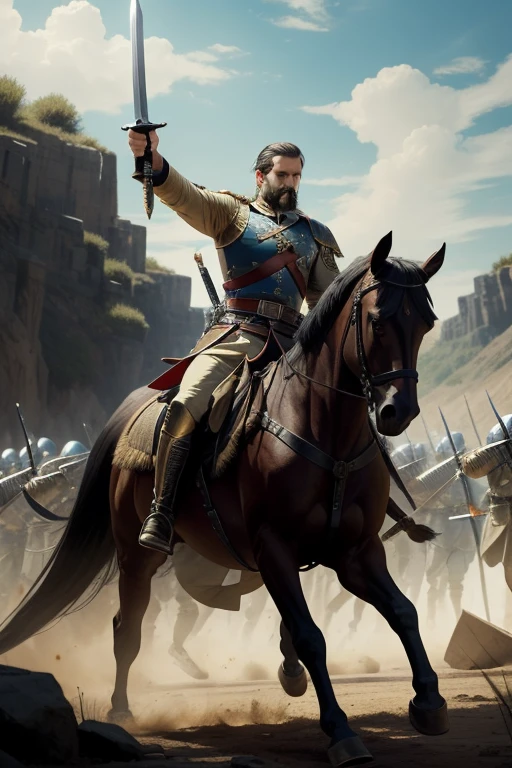 The mighty general wields a long sword,Behind him are thousands of troops