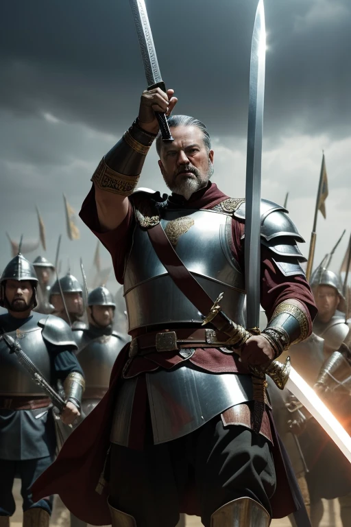 The mighty general wields a long sword,Behind him are thousands of troops
