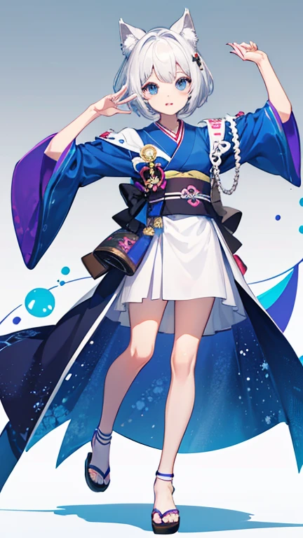 1 chica, Solo, Lindo kimono blue and white, Sandalias de madera, medias, pecho mediano, escote, Japan, fondo blanco, pelo entre los ojos, pelo largo cintura, mirando al espectador, pelo albino, short natural nails, Solo, muslos, Muslos, ((obra maestra)), de pie pose, rubor, Shy, mostrar los dientes, mano detallada, hermoso dedo, zorro, orejas zorro, cola zorro, cuerpo completo.