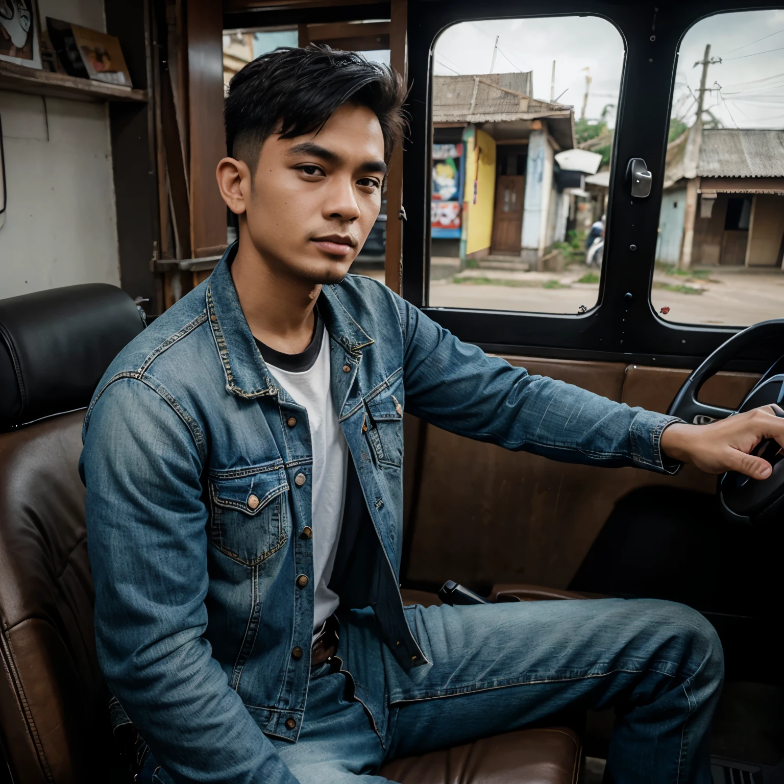 karikatur cowok ganteng duduk di motor klasik,memakai jaket jeans dalaman kaos warna putih didepan warung kopi.