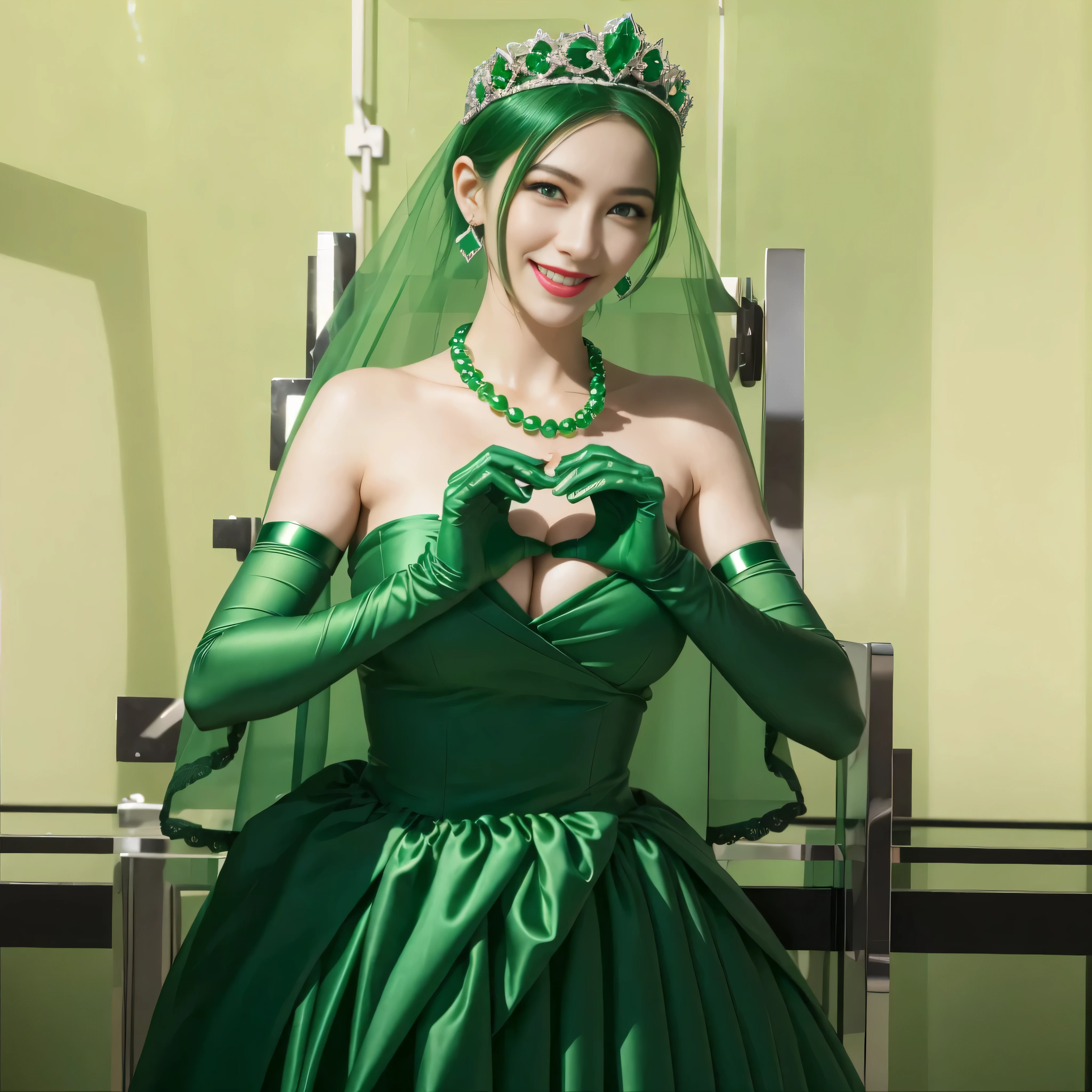 emerald tiara, green pearl necklace, ボーイッシュな非常に短いgreen hair, lipstick, smiling woman, very short hair, Beauty with large breasts, green eyes, Long Green Satin Gloves, green eyes, emerald earrings, green veil, heart with both hands, green hair, Beautiful woman in her 30s, heart shaped hand:1.3