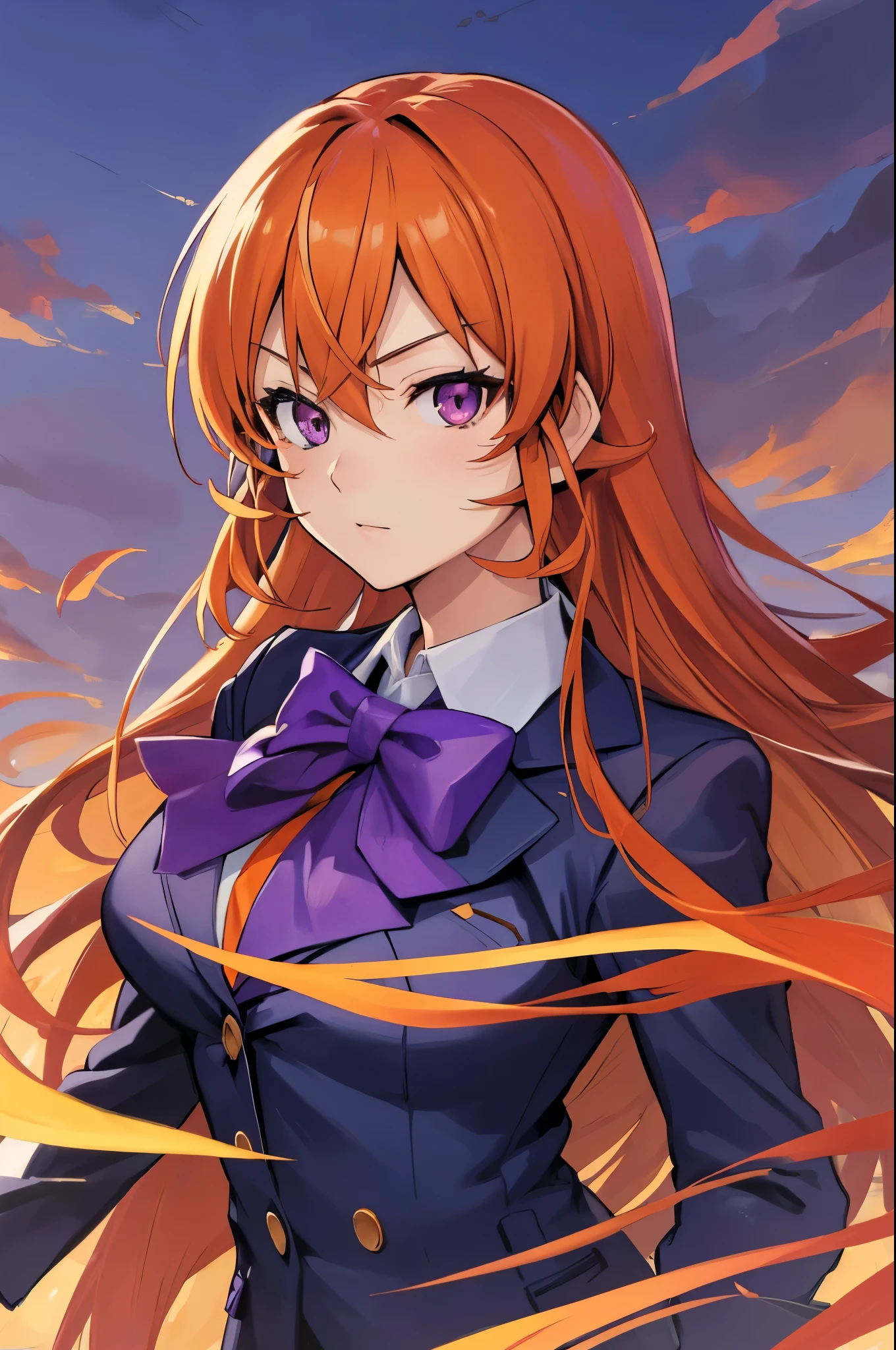 (face portrait:1.2), portrait, (masterpiece), best quality, expressive eyes, perfect face, highres, 1 girl, solo, erina nakiri, long hair, orange hair, (purple eyes:1.1), hair between eyes, bow, school uniform, jacket, zettai ryouiki, blazer, outdoor backdground, looking at the viewer, from frontal