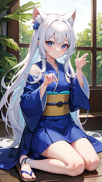 1 chica, Solo, Lindo kimono blue and white, Sandalias de madera, medias, pecho mediano, escote, Japan, fondo blanco, pelo entre los ojos, pelo largo cintura, mirando al espectador, pelo albino, short natural nails, Solo, muslos, Muslos, ((obra maestra)), de pie pose, rubor, Shy, mostrar los dientes, mano detallada, hermoso dedo, zorro, orejas zorro, cola zorro, cuerpo completo.