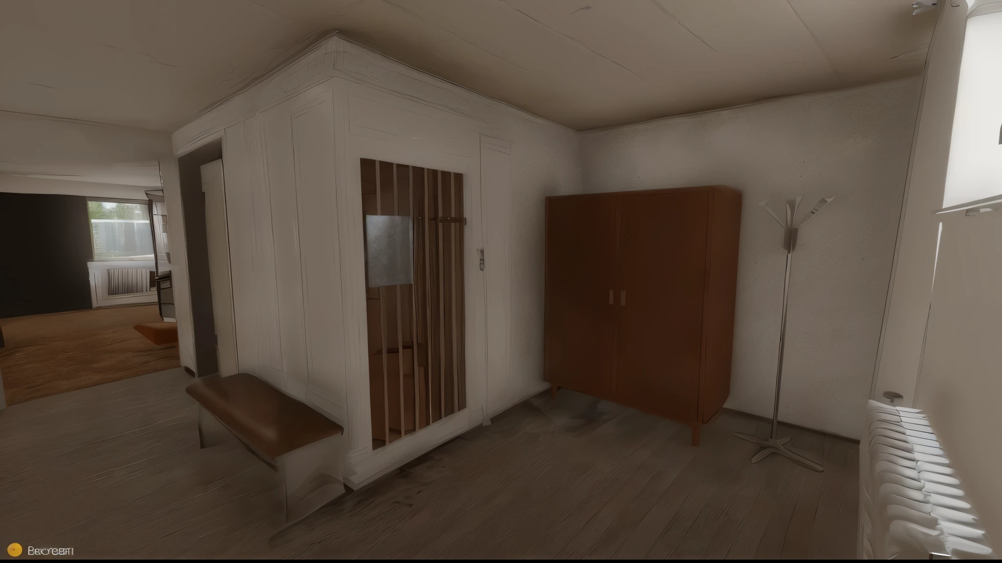 there is a room with a closet, a bench, and a cabinet, rendered in unreal engine 3d, sparse room, rendered in unreal, set in bank vault room, rendered in unity 3 d, rendered on unreal 3 d, photograph of 3d ios room, rendered in unreal engine 3, interior gameplay screenshot, rendered in the unreal engine, in - game