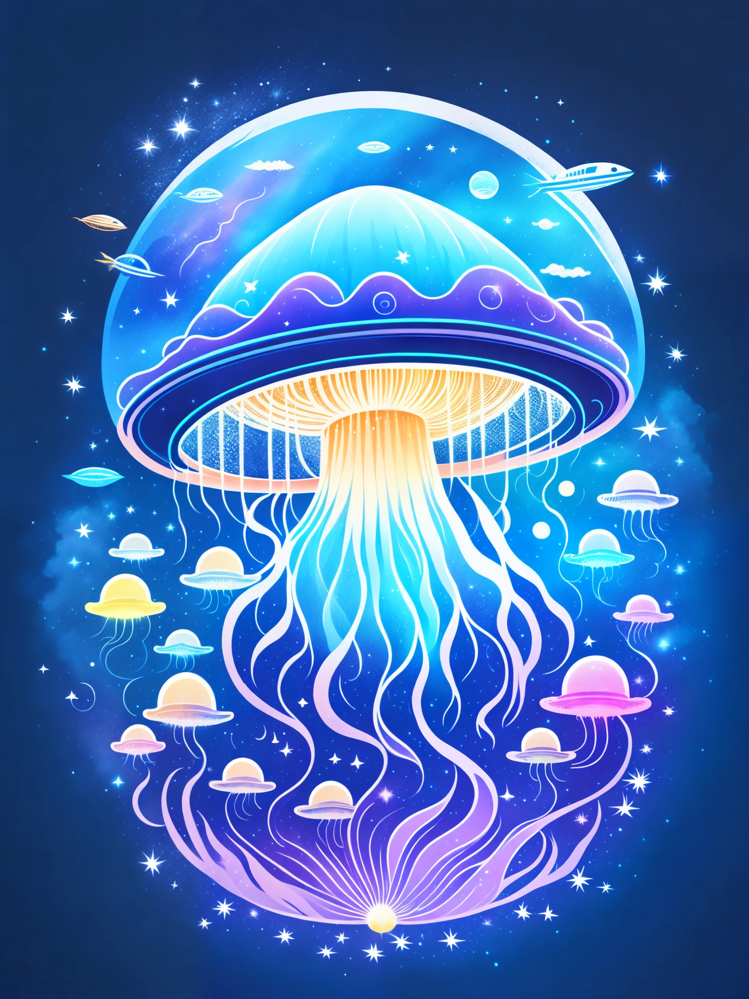 Space jellyfish, t-shirt design, rzminjourney, vector art