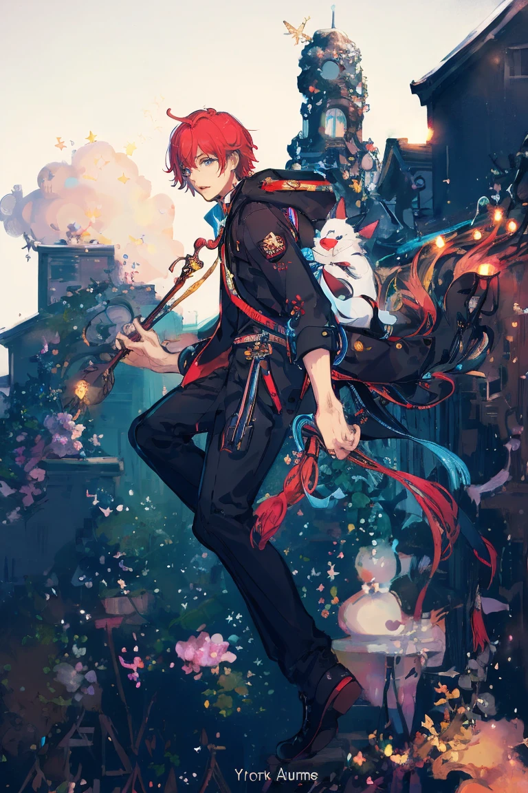 (Masterpiece:1.2, high quality), (pixiv:1.4), 1 man with short red hair, tall handsome man, 