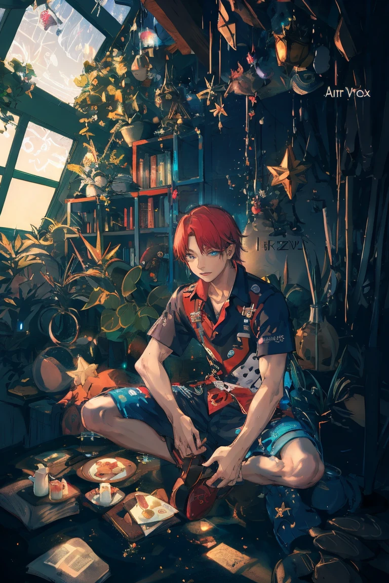 (Masterpiece:1.2, high quality), (pixiv:1.4), 1 man with short red hair, tall handsome man,