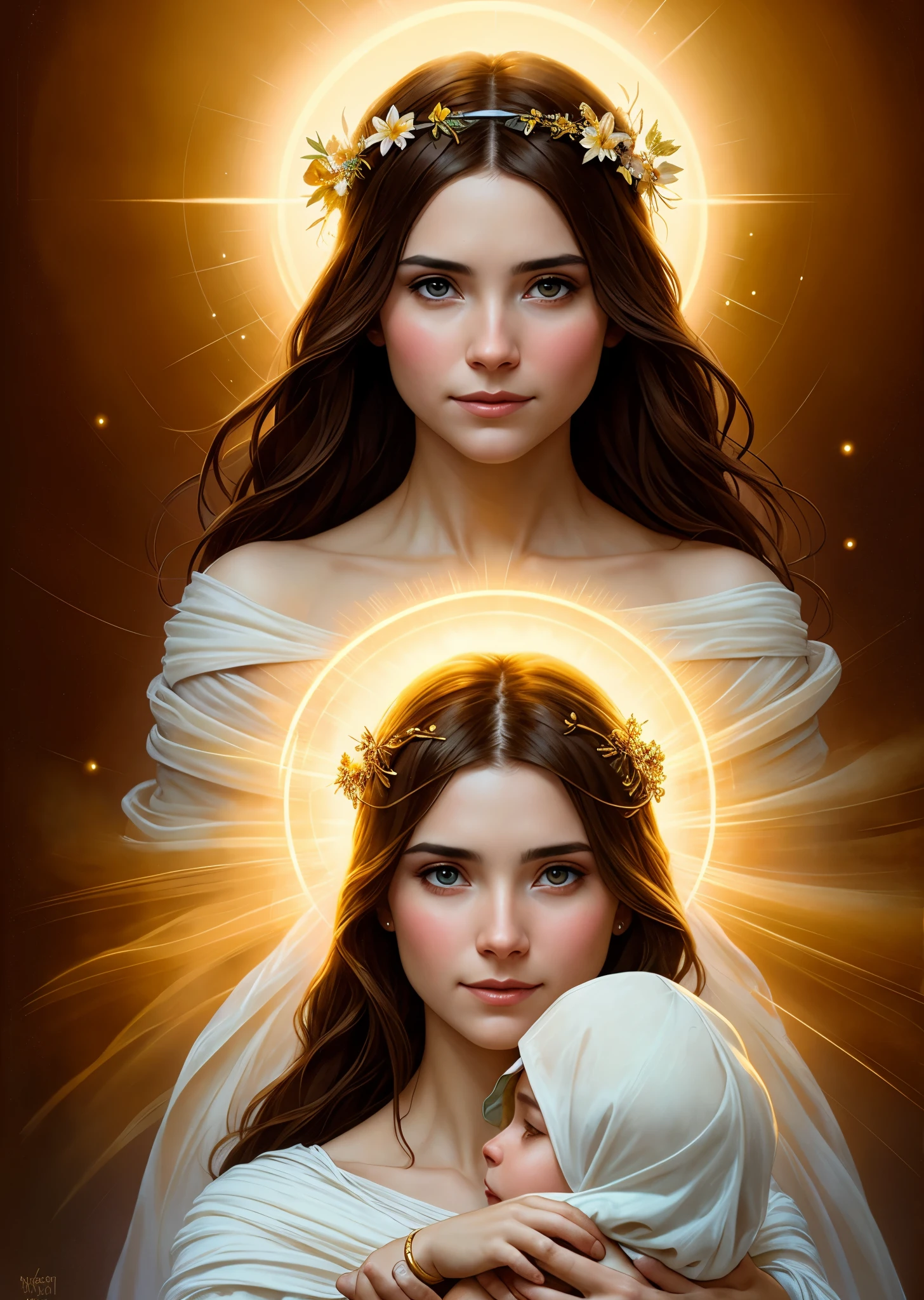 masterpiece, woman and , holy virgin mary with boy in her arms, halo over head, smiling, heavenly sky, half body, ((divine light)), ethereal, clouds, back lighting, realistic portrait, symmetrical, strong, intricate drawing, highly detailed, digital painting, art station, concept art, fluid, sharp focus, illustration, against heaven's gate, cinematic lighting, works by artgerm and greg rutkowski and alphonse mucha