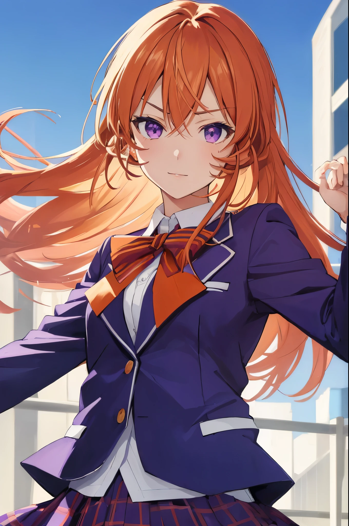 (face portrait:1.3), (masterpiece), best quality, expressive eyes, perfect face, highres, 1 girl, solo, erina nakiri, long hair, orange hair, (purple eyes:1.1), hair between eyes,skirt, bow, school uniform, jacket, zettai ryouiki, blazer, outdoor backdground, upper body portrait, looking at the viewer, from front
