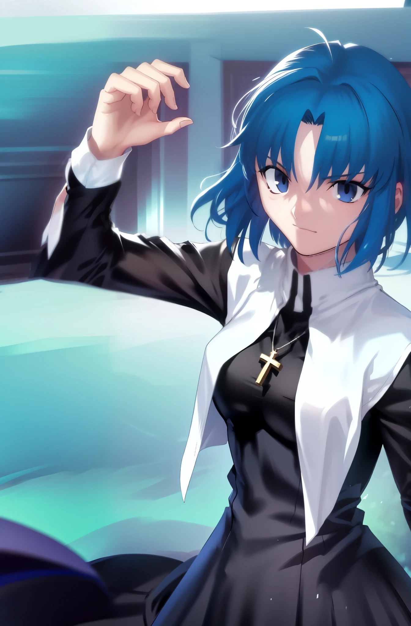 Takeuchi Takahashi, (best quality, 4k, 8k, highres,masterpiece:1.2), (ultra-detailed:1.5), ciel_(tsukihime), cowboy shot, 1girl, solo, (long black dress:1.4), chain, (white habit:1.5), sad, looking at viewer, antenna hair, (ahoge:1), closed mouth, fingernails, breasts, medium breasts, cross, latin cross, cross, holding, necklace, nun, symmetrical, serious, (eyebrow), blue room