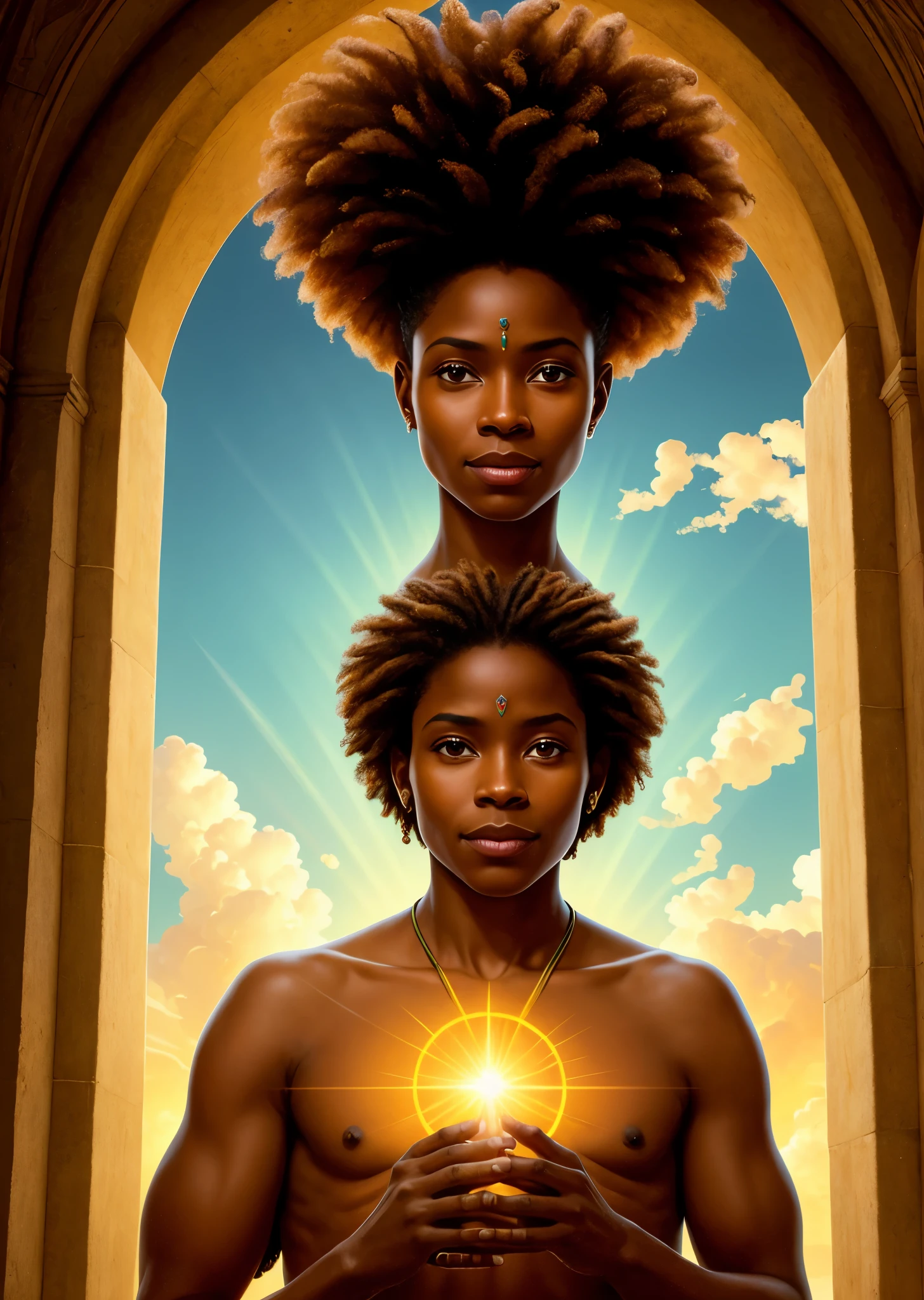  obra-prima, mulher e, santa virgem maria com africana africana pele marrom  abelo afro caindo para a frente, Tipo Rasta, boy in arms, halo over head, sorrindo, heavenly sky, meio corpo, ((luz divina)), ethereal, nuvens, background lighting, retrato realista, symmetrical design, forte e intrincado , altamente detalhado, pintura digital, Art Station, arte conceitual, fluido, sharp focus, illustration, Against Heaven&#39;s Gate, cinematic lighting, obras de artgerm e greg rutkowski e alphonse mucha