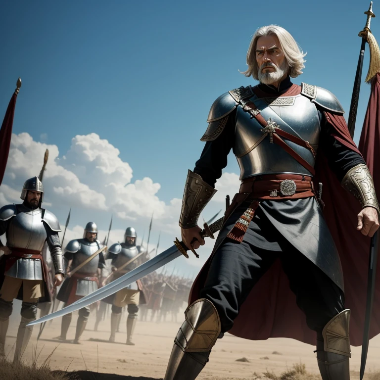 The mighty general wields a long sword,Behind him are thousands of troops