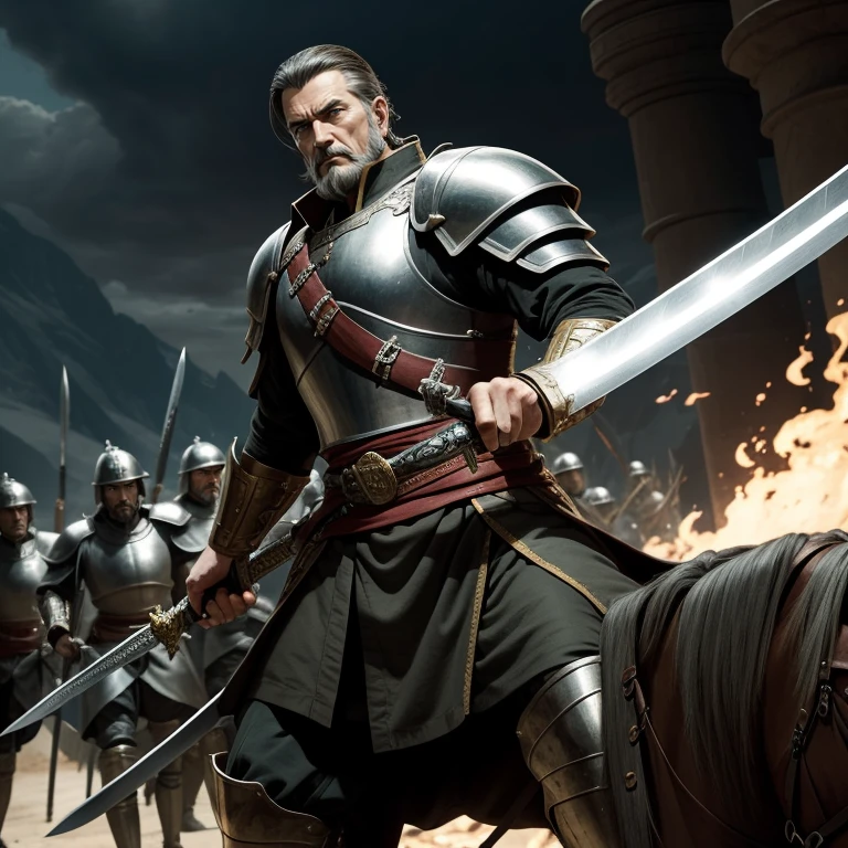 The mighty general wields a long sword,Behind him are thousands of troops