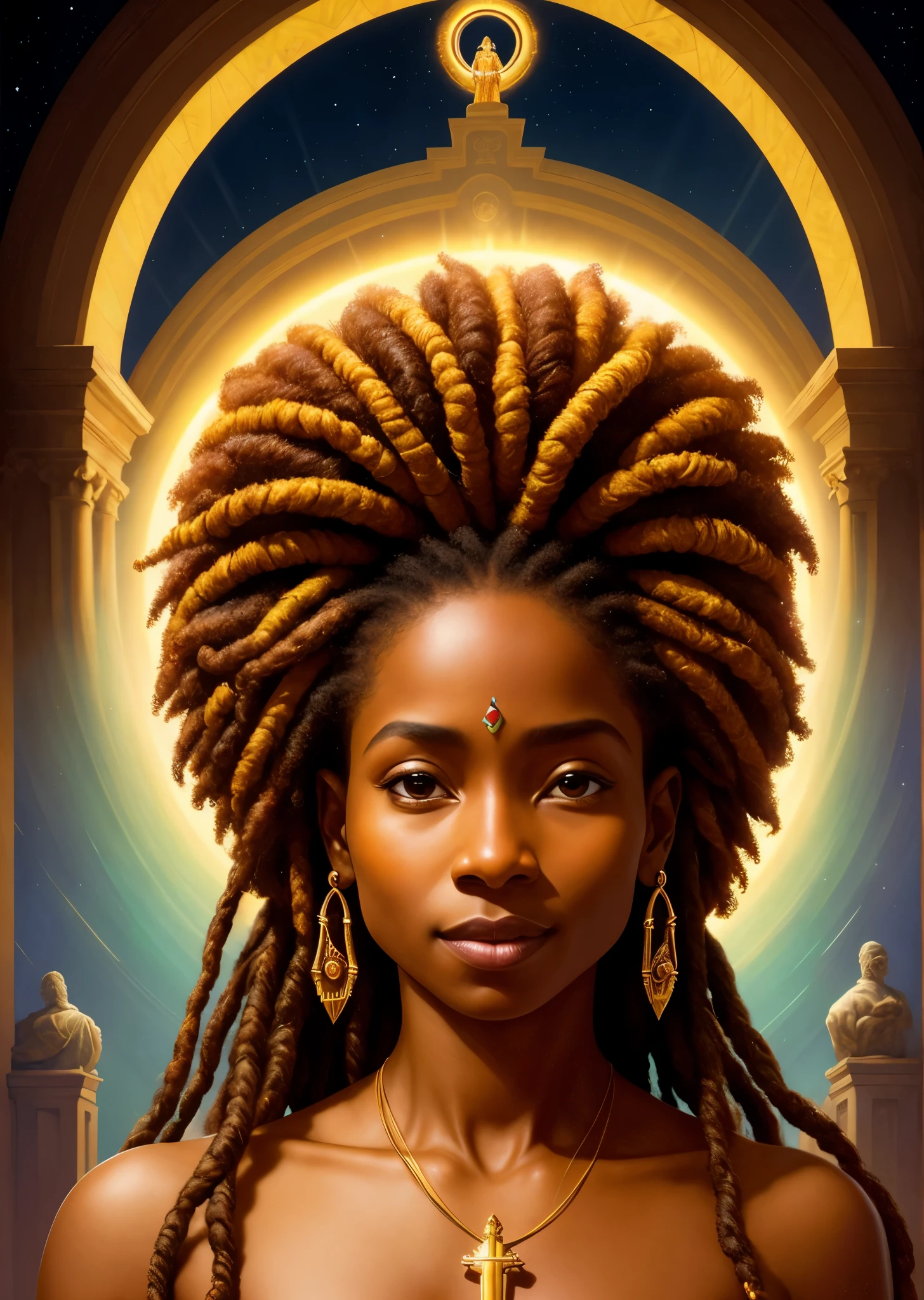  obra-prima, mulher e, santa virgem maria com africana africana pele marrom  abelo afro caindo para a frente, Tipo Rasta, boy in arms, halo over head, sorrindo, heavenly sky, meio corpo, ((luz divina)), ethereal, nuvens, background lighting, retrato realista, symmetrical design, forte e intrincado , altamente detalhado, pintura digital, Art Station, arte conceitual, fluido, sharp focus, illustration, Against Heaven&#39;s Gate, cinematic lighting, obras de artgerm e greg rutkowski e alphonse mucha