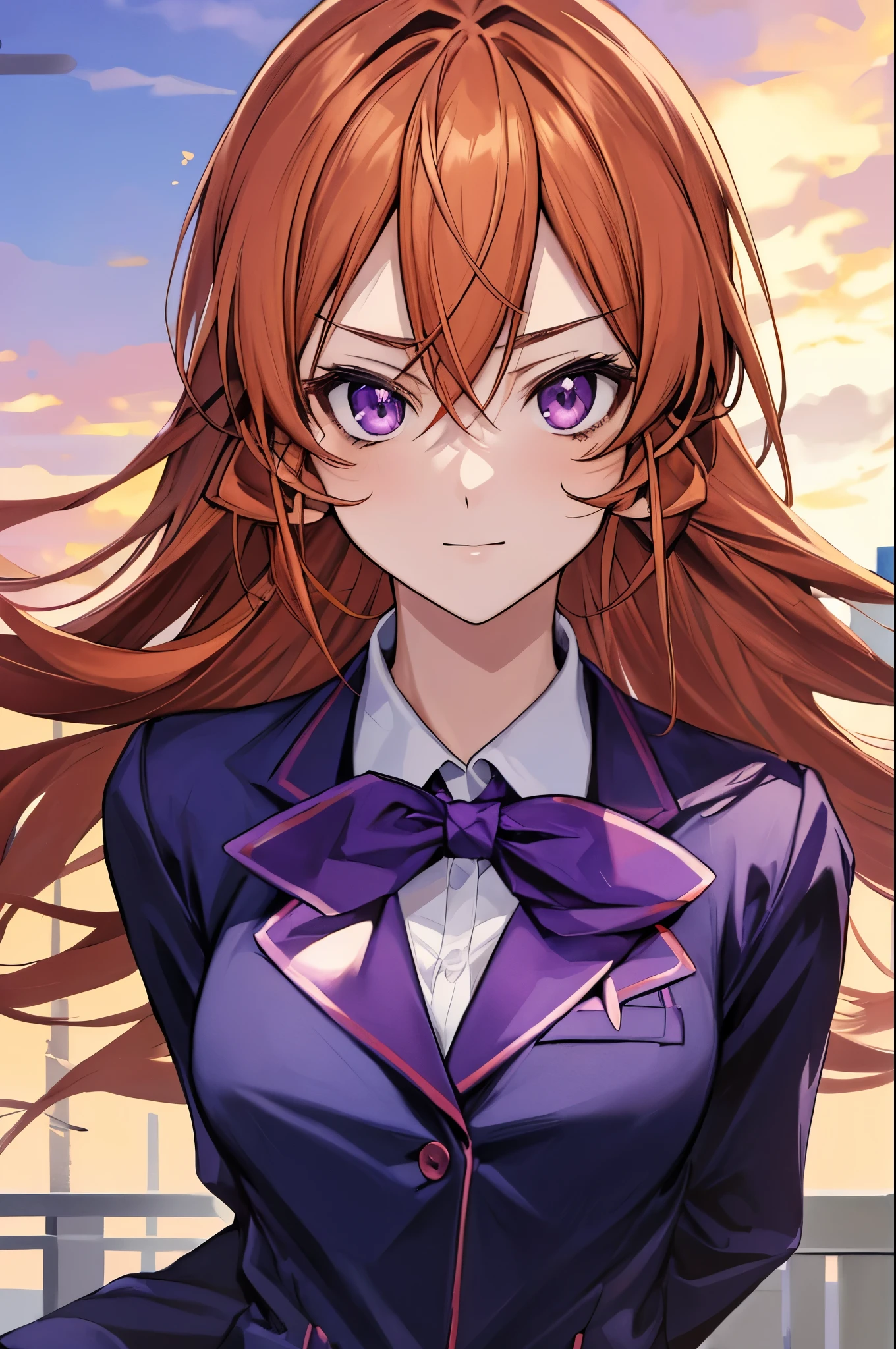 (face portrait:1.2), portrait, (masterpiece), best quality, expressive eyes, perfect face, highres, 1 girl, solo, erina nakiri, long hair, orange hair, (purple eyes:1.1), hair between eyes, bow, school uniform, jacket, zettai ryouiki, blazer, outdoor backdground, looking at the viewer, from frontal
