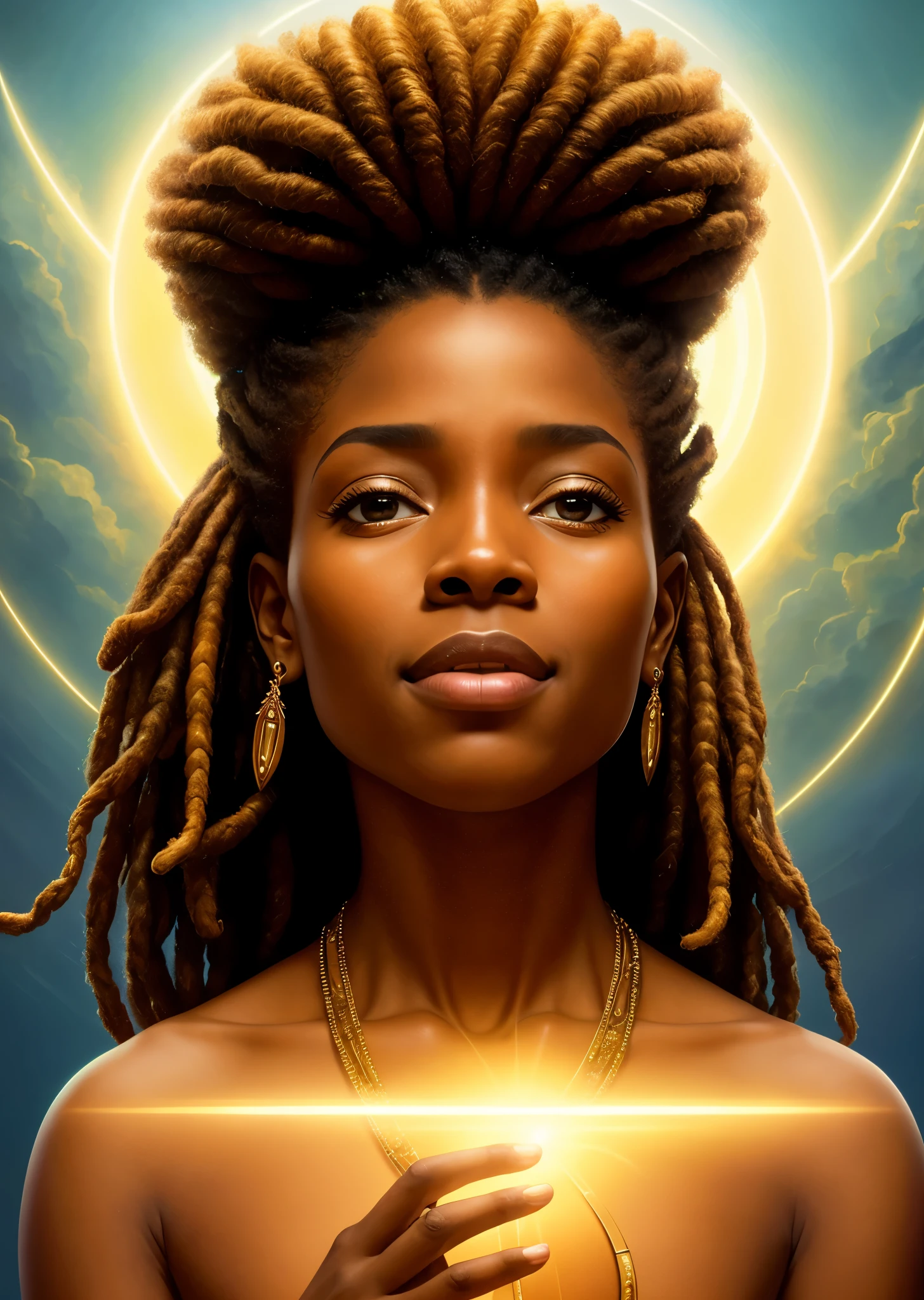 obra-prima, mulher e, santa virgem maria com africana africana pele marrom abelo afro caindo para a frente, Tipo Rasta, boy in arms, halo over head, sorrindo, heavenly sky, meio corpo, ((luz divina)), ethereal, nuvens, background lighting, retrato realista, symmetrical design, forte e intrincado , altamente detalhado, pintura digital, Art Station, arte conceitual, fluido, sharp focus, illustration, Against Heaven's Gate, cinematic lighting, obras de artgerm e greg rutkowski e alphonse mucha