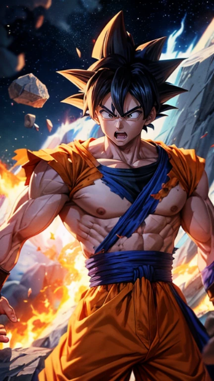 Goku Ultra Instinct, dragonballz, white fire, wearing typical dragonball clothes. Very angry. The background is darked, flying pebbles, wind, thick smoke, lots of big rocks, fire